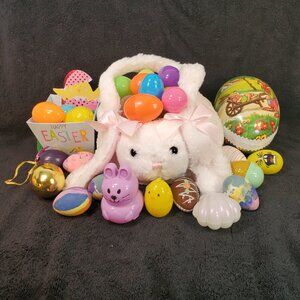 Plush Easter Bunny Basket White with Pink Bows. Plus many Plastic Eggs.